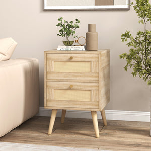 Rattan Nightstand Boho Accent Bedside Table with 2 Storage Drawers-Natural view 3