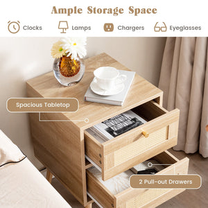 Rattan Nightstand Boho Accent Bedside Table with 2 Storage Drawers-Natural view 6