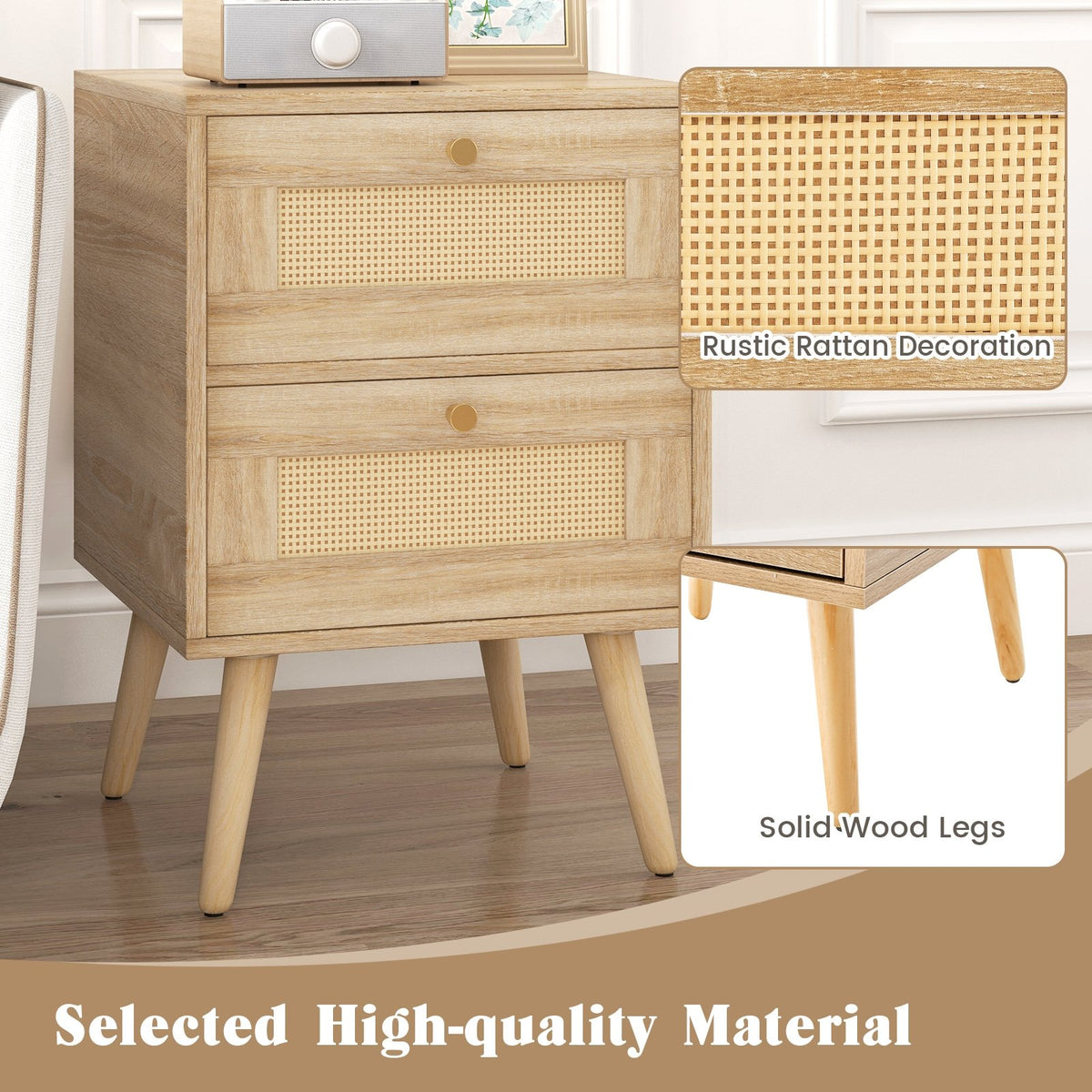 Rattan Nightstand Boho Accent Bedside Table with 2 Storage Drawers-Natural view 7