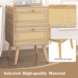 Rattan Nightstand Boho Accent Bedside Table with 2 Storage Drawers-Natural view 7