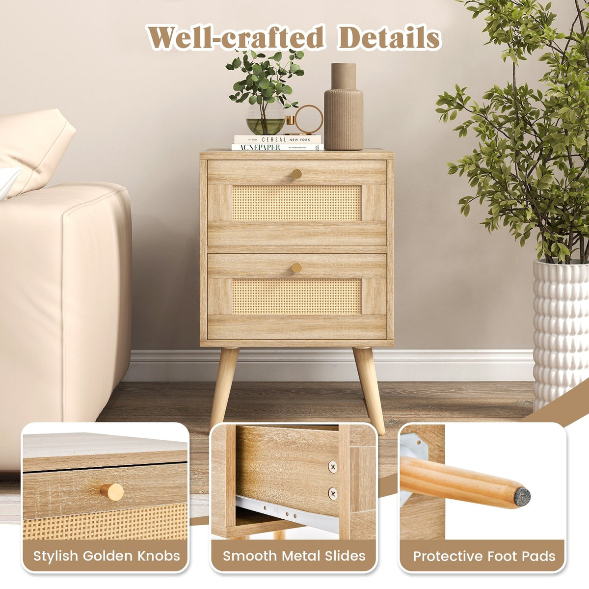 Rattan Nightstand Boho Accent Bedside Table with 2 Storage Drawers-Natural view 8