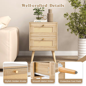 Rattan Nightstand Boho Accent Bedside Table with 2 Storage Drawers-Natural view 8