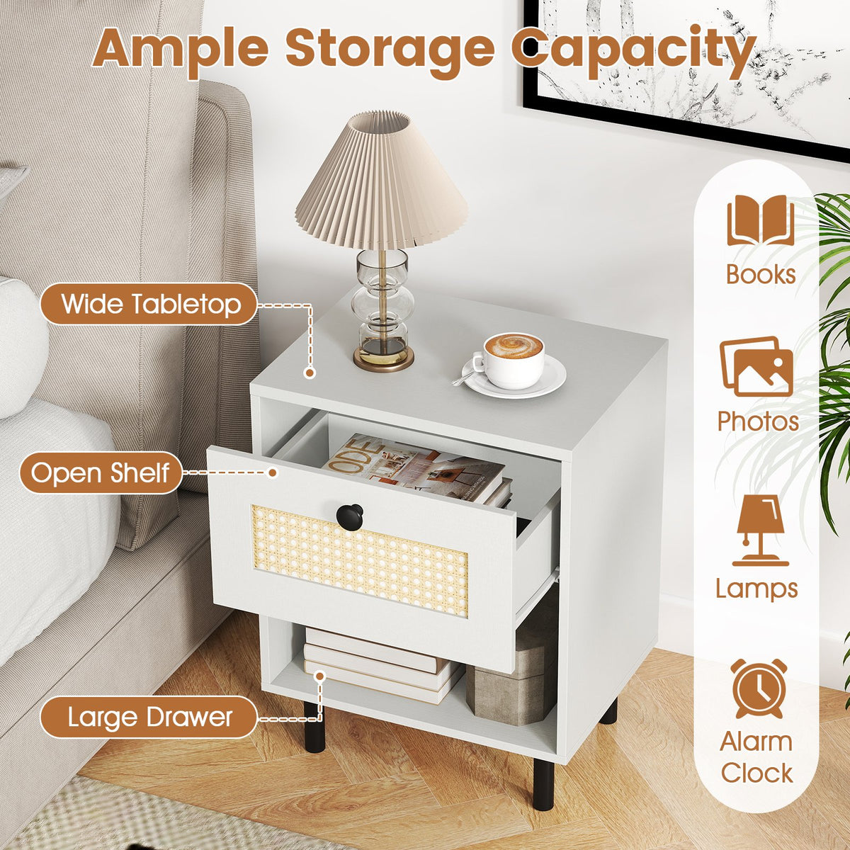 Rattan Nightstand Boho End Table with Rattan Drawer and Open Shelf Set of 2-White view 5