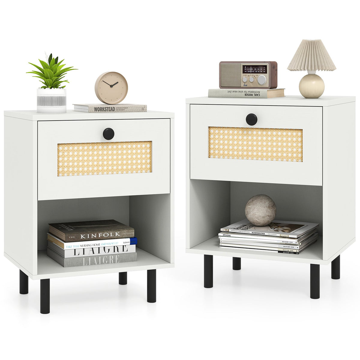 Rattan Nightstand Boho End Table with Rattan Drawer and Open Shelf Set of 2-White view 7