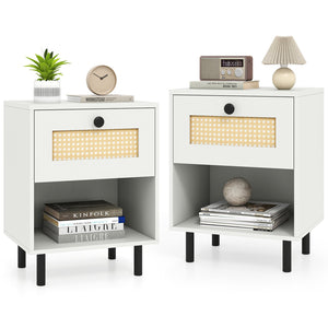 Rattan Nightstand Boho End Table with Rattan Drawer and Open Shelf Set of 2-White view 7