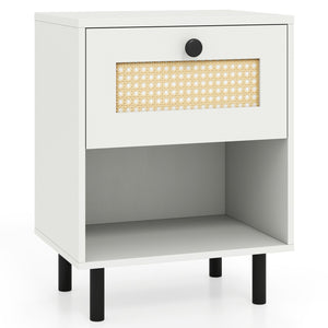 Rattan Nightstand Boho End Table with Rattan Drawer and Open Shelf-White