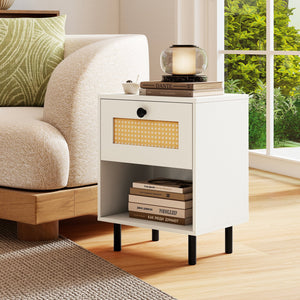 Rattan Nightstand Boho End Table with Rattan Drawer and Open Shelf-White view 2