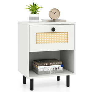 Rattan Nightstand Boho End Table with Rattan Drawer and Open Shelf-White view 4