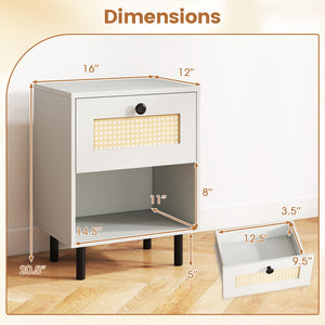 Rattan Nightstand Boho End Table with Rattan Drawer and Open Shelf-White view 5