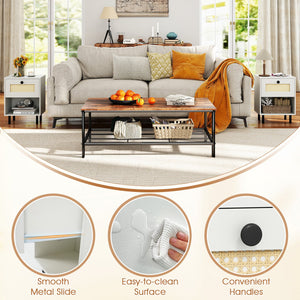 Rattan Nightstand Boho End Table with Rattan Drawer and Open Shelf-White view 8