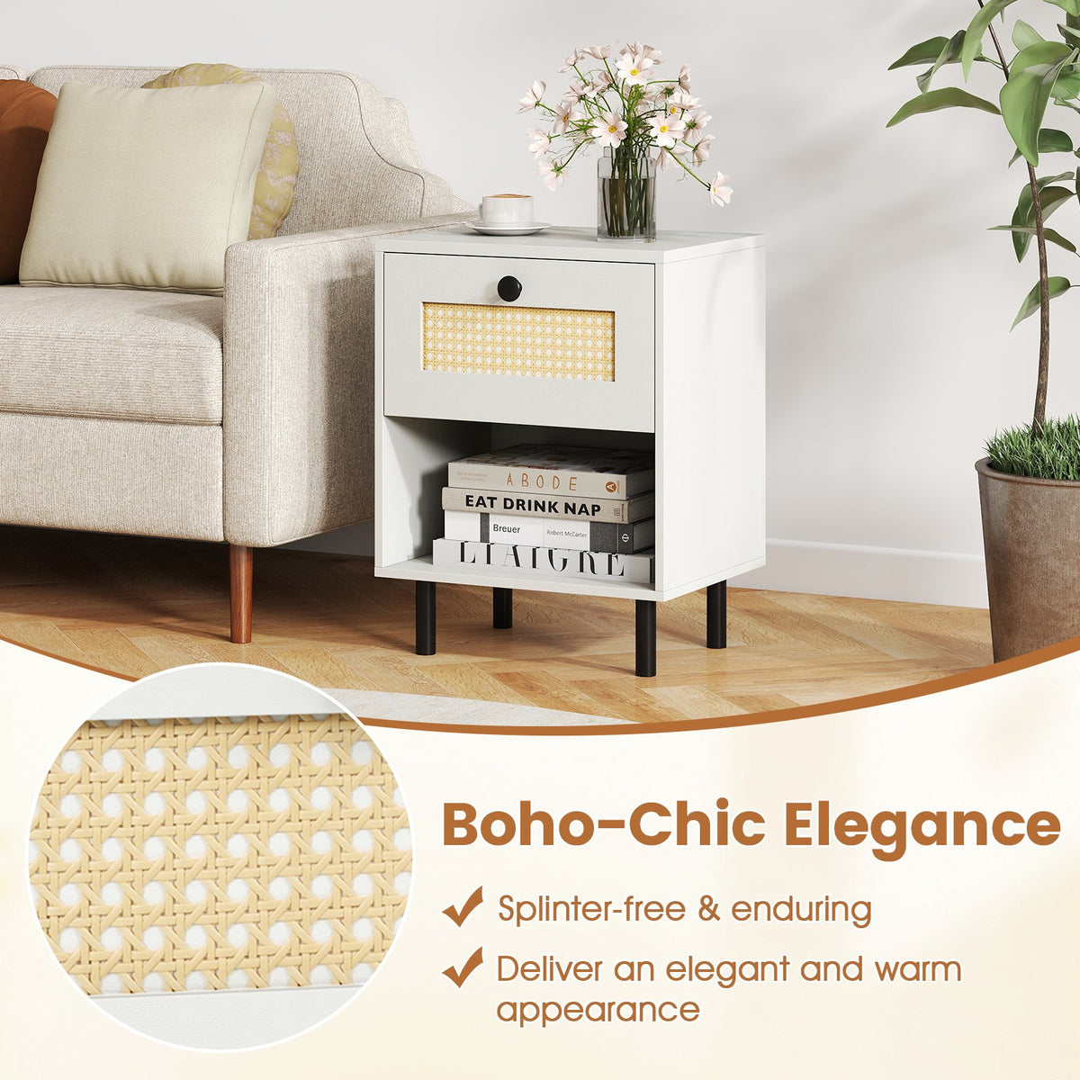 Rattan Nightstand Boho End Table with Rattan Drawer and Open Shelf-White view 9