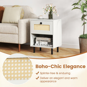 Rattan Nightstand Boho End Table with Rattan Drawer and Open Shelf-White view 9