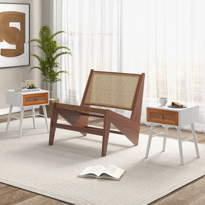 Rattan Nightstand Mid Century Modern Accent Table with Drawer-White view 3