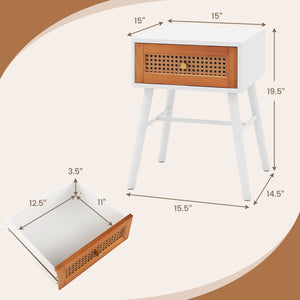 Rattan Nightstand Mid Century Modern Accent Table with Drawer-White view 4