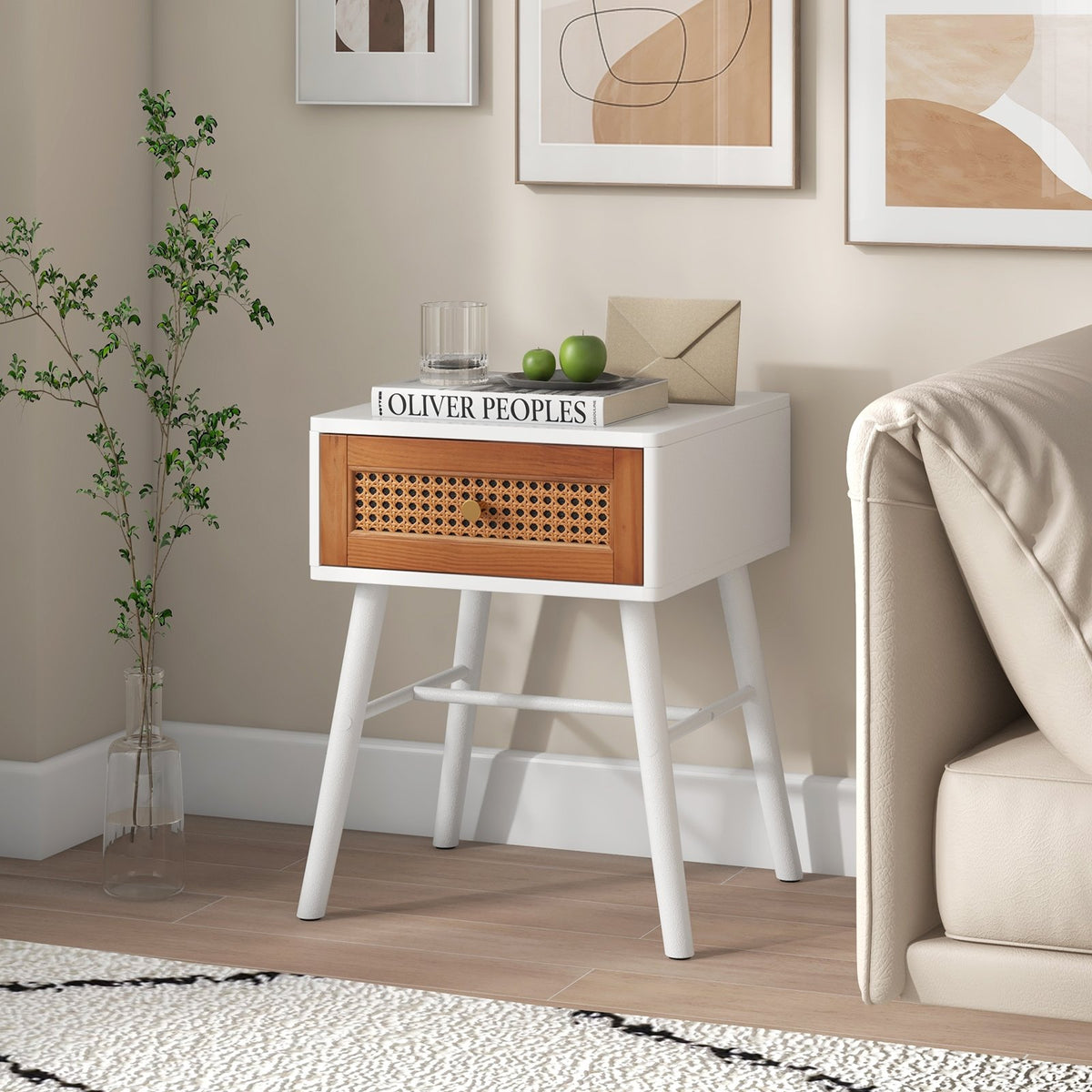 Rattan Nightstand Mid Century Modern Accent Table with Drawer-White view 5