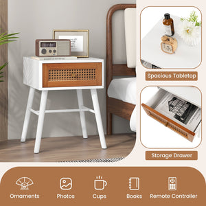 Rattan Nightstand Mid Century Modern Accent Table with Drawer-White view 7
