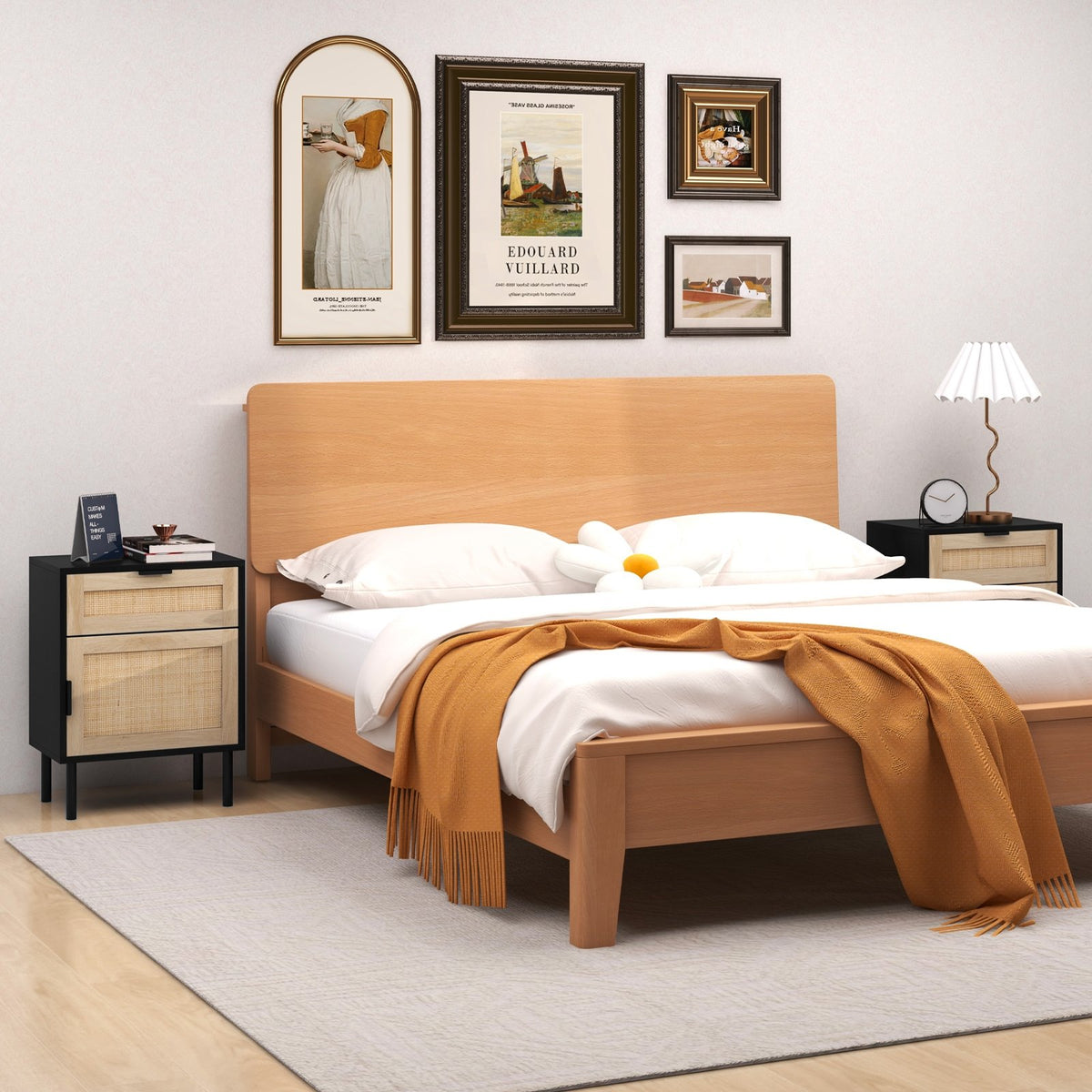 Rattan Nightstand Set of 2 with Drawer and Cabinet-Black view 2