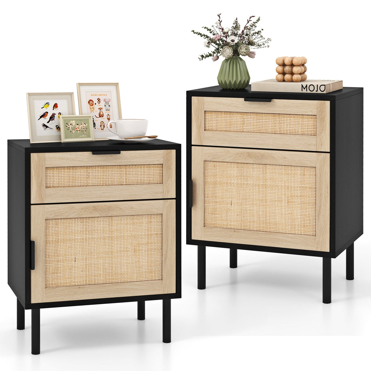 Rattan Nightstand Set of 2 with Drawer and Cabinet-Black view 4