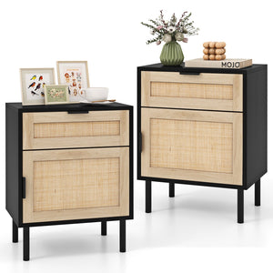 Rattan Nightstand Set of 2 with Drawer and Cabinet-Black view 4