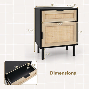 Rattan Nightstand Set of 2 with Drawer and Cabinet-Black view 5