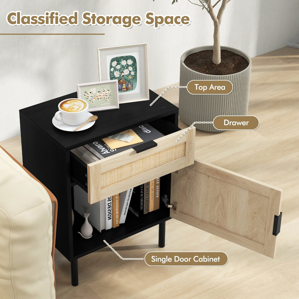 Rattan Nightstand Set of 2 with Drawer and Cabinet-Black view 6