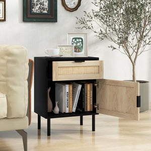 Rattan Nightstand Set of 2 with Drawer and Cabinet-Black view 7