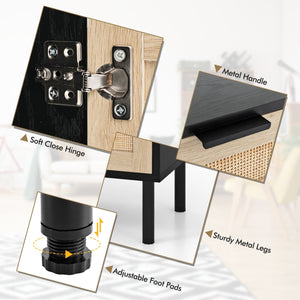 Rattan Nightstand Set of 2 with Drawer and Cabinet-Black view 9