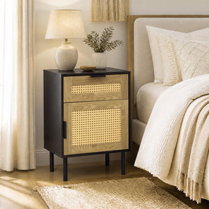 Rattan Nightstand with Drawer and Storage Cabinet for Bedroom Dorm-Black view 2