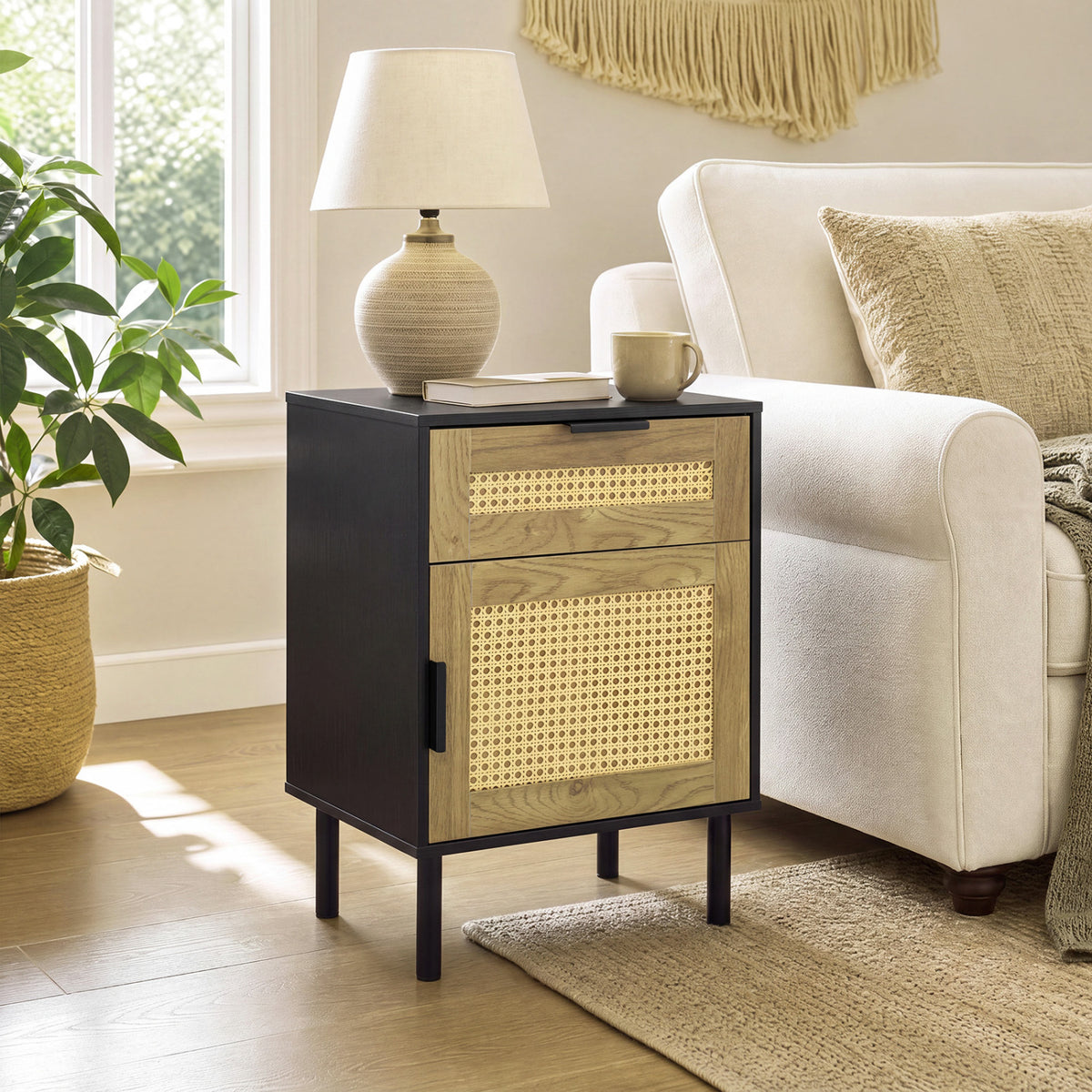 Rattan Nightstand with Drawer and Storage Cabinet for Bedroom Dorm-Black view 3