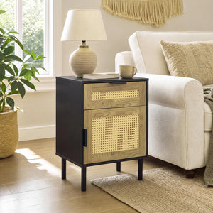 Rattan Nightstand with Drawer and Storage Cabinet for Bedroom Dorm-Black view 3