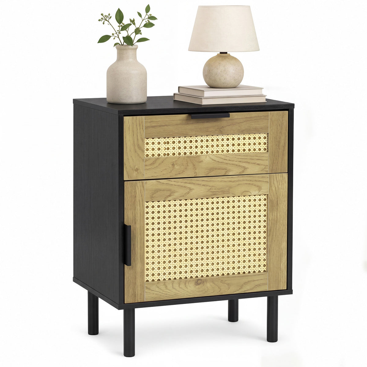 Rattan Nightstand with Drawer and Storage Cabinet for Bedroom Dorm-Black view 4