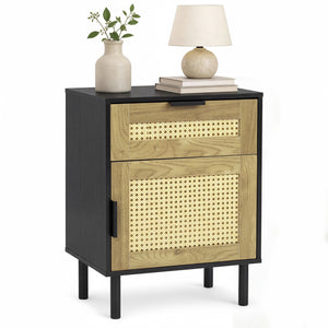 Rattan Nightstand with Drawer and Storage Cabinet for Bedroom Dorm-Black view 4