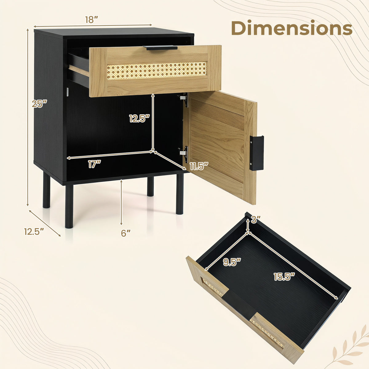 Rattan Nightstand with Drawer and Storage Cabinet for Bedroom Dorm-Black view 5