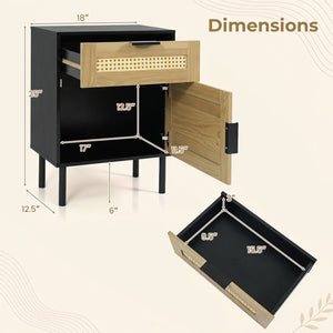 Rattan Nightstand with Drawer and Storage Cabinet for Bedroom Dorm-Black view 5