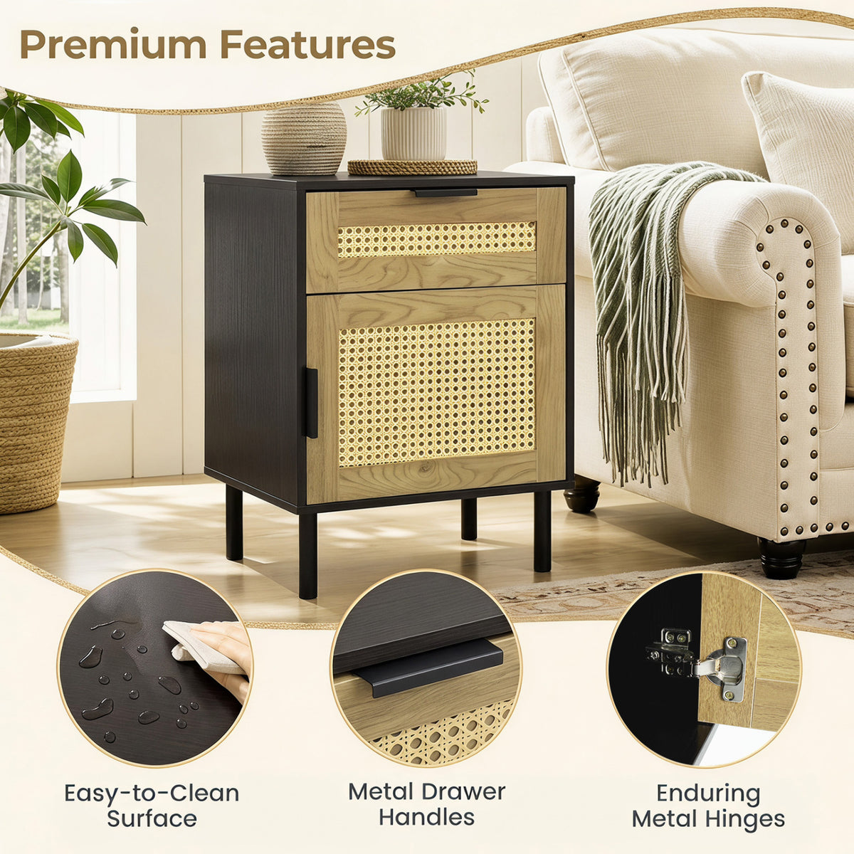 Rattan Nightstand with Drawer and Storage Cabinet for Bedroom Dorm-Black view 6