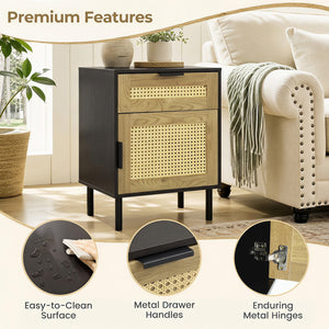 Rattan Nightstand with Drawer and Storage Cabinet for Bedroom Dorm-Black view 6