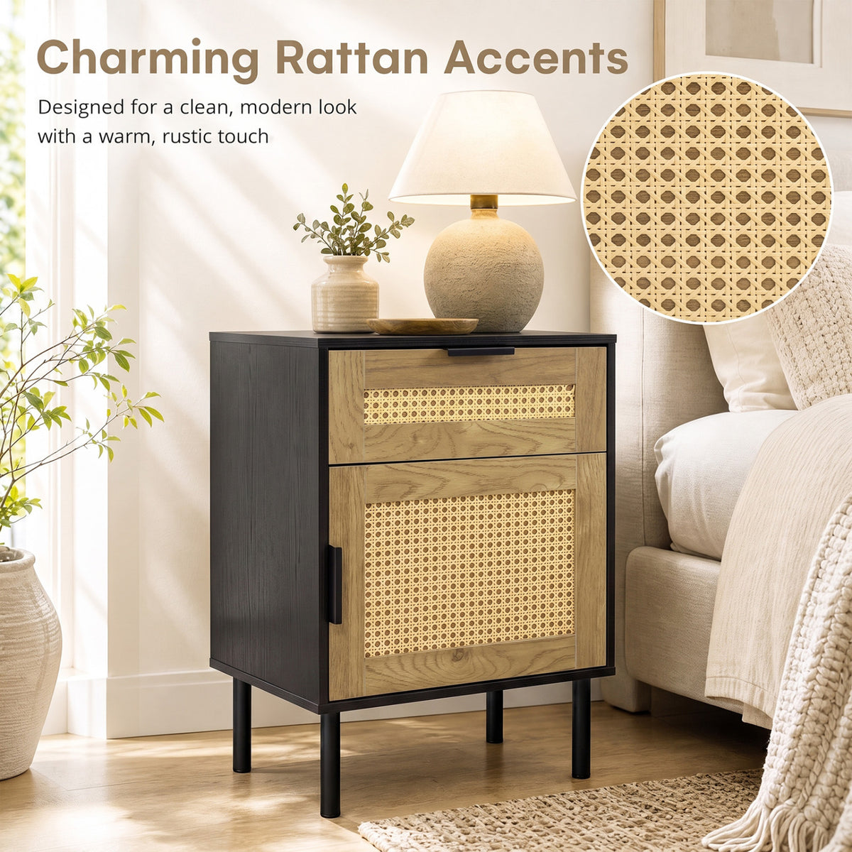 Rattan Nightstand with Drawer and Storage Cabinet for Bedroom Dorm-Black view 7