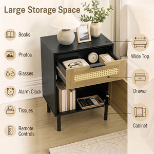 Rattan Nightstand with Drawer and Storage Cabinet for Bedroom Dorm-Black view 8