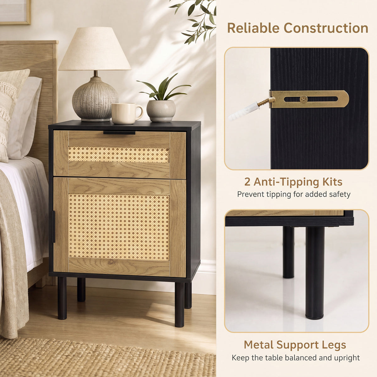 Rattan Nightstand with Drawer and Storage Cabinet for Bedroom Dorm-Black view 9
