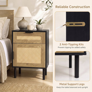 Rattan Nightstand with Drawer and Storage Cabinet for Bedroom Dorm-Black view 9