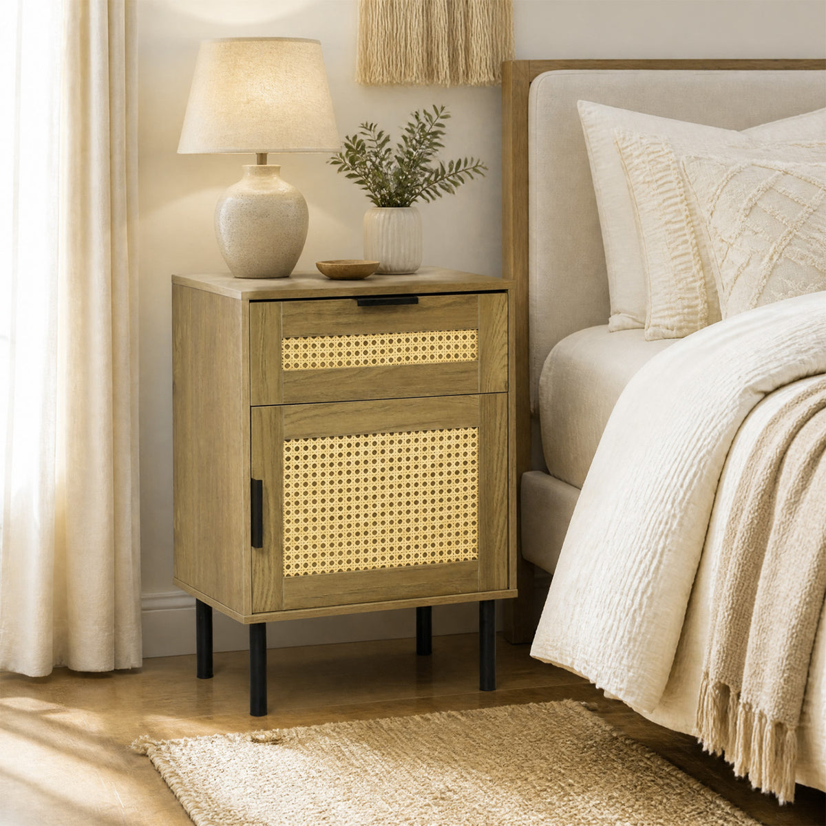 Rattan Nightstand with Drawer and Storage Cabinet for Bedroom Dorm-Natrual view 2