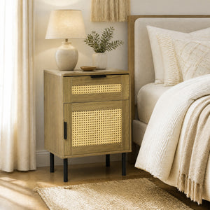 Rattan Nightstand with Drawer and Storage Cabinet for Bedroom Dorm-Natrual view 2