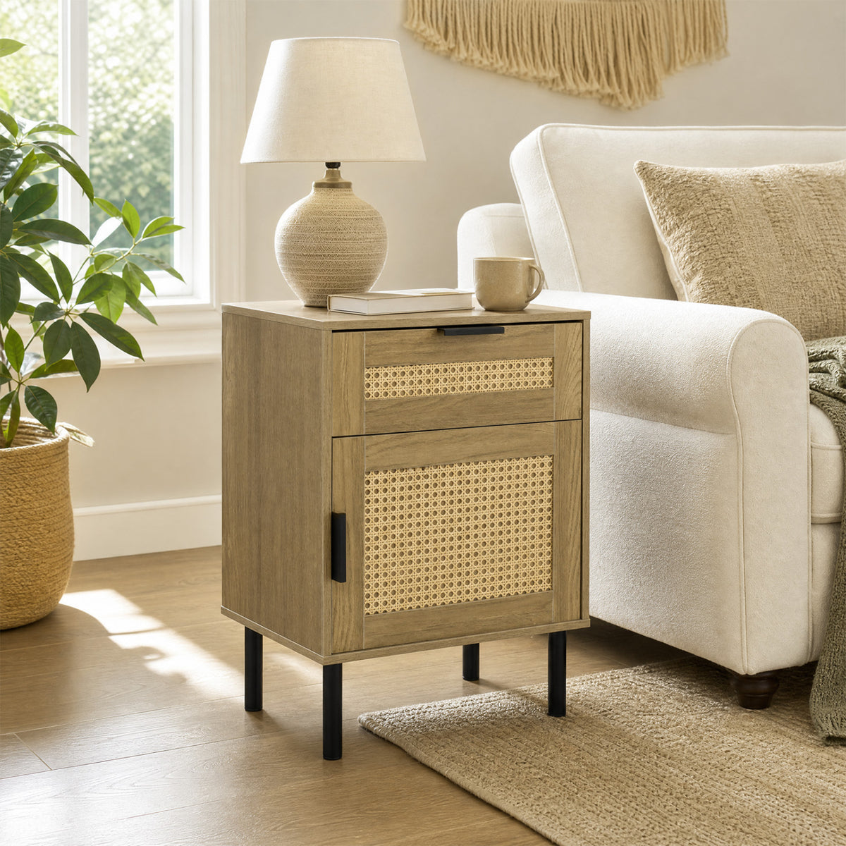 Rattan Nightstand with Drawer and Storage Cabinet for Bedroom Dorm-Natrual view 3