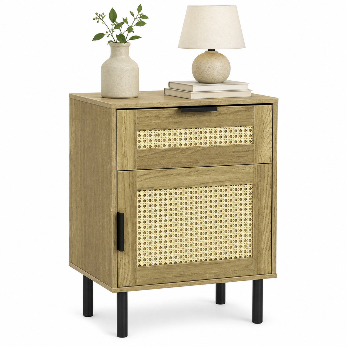 Rattan Nightstand with Drawer and Storage Cabinet for Bedroom Dorm-Natrual view 4