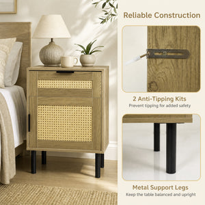 Rattan Nightstand with Drawer and Storage Cabinet for Bedroom Dorm-Natrual view 7