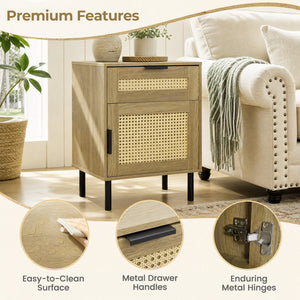 Rattan Nightstand with Drawer and Storage Cabinet for Bedroom Dorm-Natrual view 8