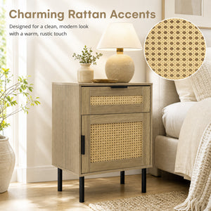 Rattan Nightstand with Drawer and Storage Cabinet for Bedroom Dorm-Natrual view 9