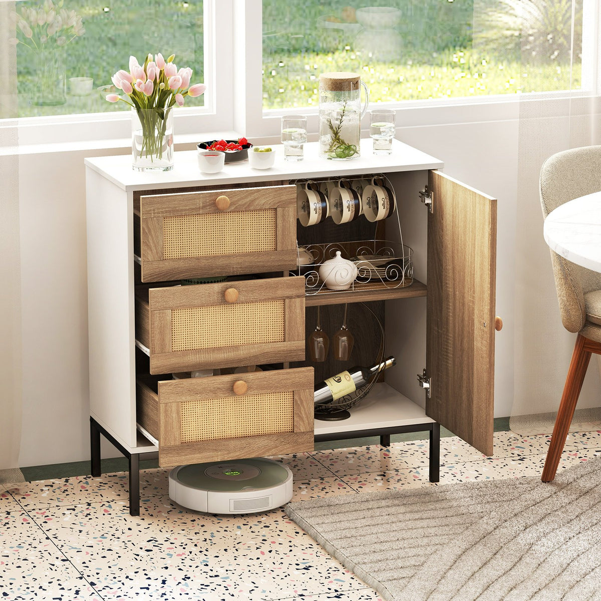 Rattan Sideboard Buffet Cabinet with 1 Door and 3 Drawers-White view 2