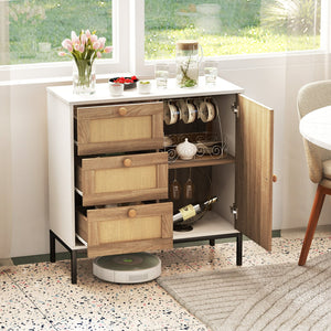 Rattan Sideboard Buffet Cabinet with 1 Door and 3 Drawers-White view 2