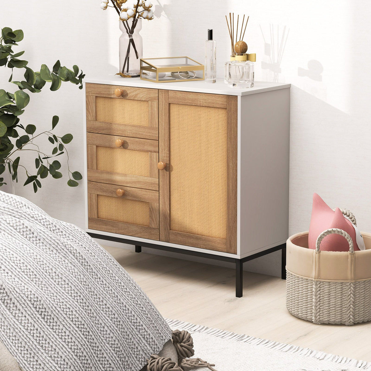 Rattan Sideboard Buffet Cabinet with 1 Door and 3 Drawers-White view 3